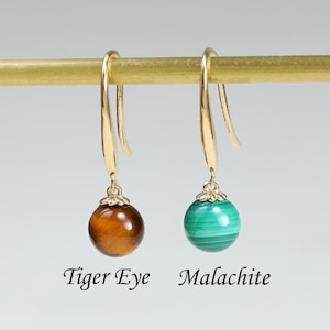 14K Solid Gold Tiger Eye's Stone Fish Hook Earring, 14K Gold Dangle Malachite Fishhooks Stud, Dainty Gold Dangle Gemstone Earlobe Earring