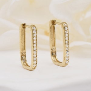 Créoles carrées épaisses en or massif 14 carats, boucles d'oreilles épaisses en or véritable transparent avec cz de cz, créoles articulées en grappes de pierres précieuses