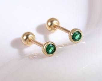 14K Solid Gold Emerald Stud Earring, Small Bezel Set Green Diamond Earlobe Helix Cartilage Stud Piercing, Gold Screw Back Solitaire Earring
