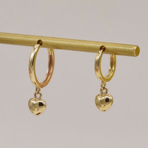 Aro colgante de corazón en oro macizo de 10 quilates, aro de oro con forma de corazón, aro pequeño con bisagra, aro pequeño de oro de 8 mm y 10 mm.