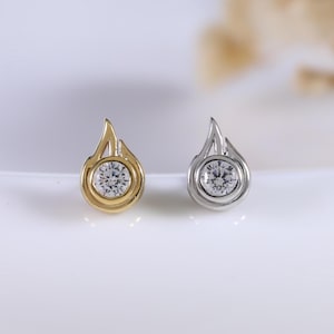 Sterling Silver Tiny Diamond Flame Stud Earring, 14K Gold Plated Gemstone Threadless Push Pin Stud, Fire Conch Tragus Cartilage Piercing