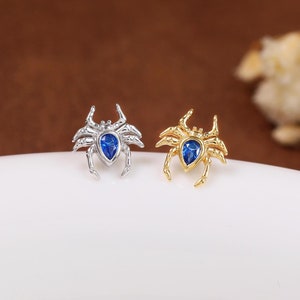 Sterling Silver Tiny Spider Shaped Stud Earring, 14K Gold Plated Gemstone Spider Threadless Push Pin Stud, Animal Shaped Cartilage Piercing
