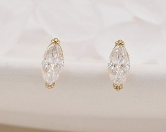 Marquise 0.33ct Moissanite Studs,Dainty Mini Marquise Stud Earrings.14K Solid Gold.