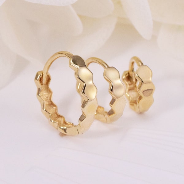 10K Solid Gold dainty hoop Huggie earrings,hexagon piercing earrings, honeycomb Hoop earrings, simple everyday Wear hoops,gift for her