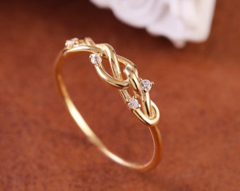 10K Solid Gold Cubic Zirconia Twisted Thin Band Ring, Solid Gold Cubic Zirconia Knot Ring, Real Gold Gemstone Ring, Gift for Her.