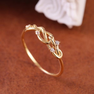 10K Solid Gold Cubic Zirconia Twisted Thin Band Ring, Solid Gold Cubic Zirconia Knot Ring, Real Gold Gemstone Ring, Gift for Her.