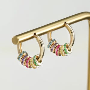 14K Solid Gold Birthstone Circle Charm Hoop Earring, Dangle Colorful Gemstone Helix Earring, Gold Multi-Color Charm Huggie Hoop