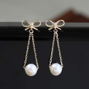 14K Solid Gold Fresh Water Pearl Bow Knot Stud Earring, Gold Cubic Zirconia Earlobe Piercing, Chain with Dangle Pearl Butterfly Back Stud