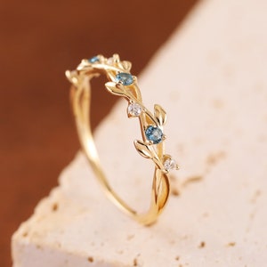 14K Solid Gold London Blue Topaz with Moissanite Vine Shape Thin Band Ring, Solid Gold Gemstone Leaf Ring, Real Gold Gemstone Ring.