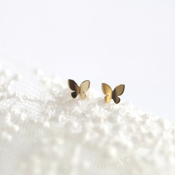 14K solid gold tiny butterfly stud earring, Real Gold tiny earring, simple conch earring, solid gold helix tiny earring, butterfly back.