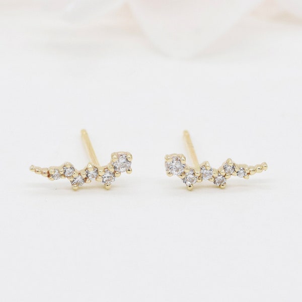 10k Solid Gold Cluster Stud Earrings, Cluster Round Diamond Studs, Sparkly CZ Climber Earrings, Minimalist Earrings, gift for Her.