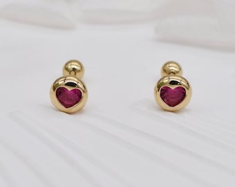 14K Solid Gold Red Heart Dainty Earrings, Solid Gold Red Heart Stud Earrings, Screw back Heart Earrings, Personalized Jewelry, Gift for Her.