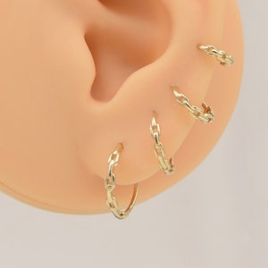 Solid Gold Inner 6mm 8mm 10mm 12mm Chain huggie earrings, Rope hoop earring, Helix Hoop Earring, Conch Piercing Huggie, Soilid Gold Hoop .