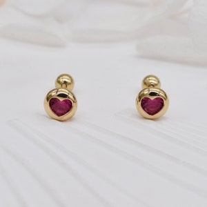 14K Solid Gold Red Heart Dainty Earrings, Screw back Heart Earrings, Gift for Her.