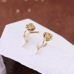 14K Solid Gold Rose Flower Shape Stud Earring, Solid Gold Romantic Rose Love Earring, Real Gold Butterfly Back Stud Earring, Gift for Her.