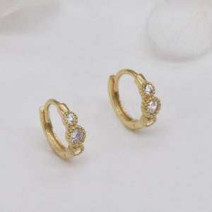 10K Solid Gold Cubic Zirconia Cartilage Small Huggie Hoop Earring,Solid Gold Huggie Earrings,Solid Gold Hoop, Helix Piercing Hoop Earrings