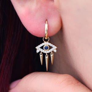 14K Solid Gold Sapphire Evil Eye Hoop Earring, Dainty Drop Eye Diamond Huggie Hoop Charm, Tiny Gemstone Dangle Earlobe Cartilage Piercing