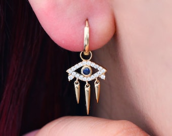 14K Solid Gold Sapphire Evil Eye Hoop Earring, Dainty Drop Eye Diamond Huggie Hoop Charm, Tiny Gemstone Dangle Earlobe Cartilage Piercing