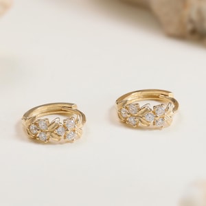 14K Solid Gold Petal Cubic Zirconia Hoop Earring, Solid Gold Shining Gemstone Earrings, Gold Tragus Piercing, Gemstone Helix Earring.
