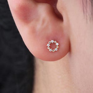 14K Solid Gold Flower Diamond Stud Earring, Gold Petal Floral Gemstone Butterfly Back Earring, Gold Simulated Diamond Earlobe Piercing Stud