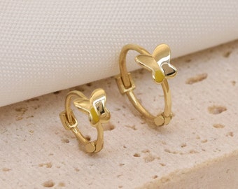 10K Solid Gold Tiny Butterfly Huggies Hoop Earring, Solid Gold Butterfly Hoop Earring, Butterfly Conch Earring, Helix Earring, Daith Hoop