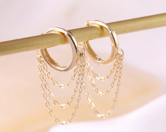 Boucles d'oreilles articulées triple chaîne en or massif 14 carats, créoles or massif chaîne en or délicat, créoles pendantes chaîne en or