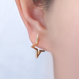 14K Solid Gold Star Hoop Earrings, Solid Gold Dainty Huggie Earring, Gold Minimalist Celestial Handmade Jewelry, Delicate Star Earlobe Hoop