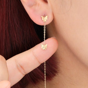 14K Solid Gold Schmetterling Threader Ohrring, baumelnde lange Kette Ohrring, Drop Kette winzige Schmetterling Ohrring, handgemachter Schmuck, Geschenk für sie.