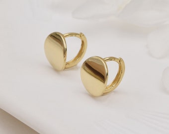 14K Solid Gold Elegant Dainty Hoop Earrings, 14K Gold Round Surface Hoop Earrings, Gift For Her