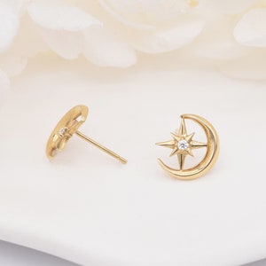 10K Solid Gold Moon & Star Ohrringe, Solid Gold Ohrringe, Goldene himmlische Ohrringe, Crescent Moon Ohrringe, personalisierter Schmuck, Geschenk für sie