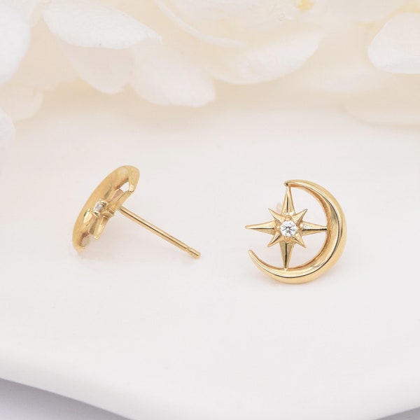 10K Solid Gold Moon & Star Earrings, Solid Gold Earrings, Gold Celestial earrings,Crescent Moon Earrings, personalized Jewelry, Gift for her