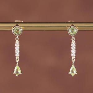 14K Solid Gold Dangle Peridot with Moissanite Earring, Bezel Set Gemstone Butterfly Back Piercing, Real Gold Diamond Earlobe Cartilage Stud