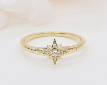 14k Solid Gold Celestial Ring, Solid Gold Star Ring, Gold Dainty Stackable Ring, Engagement ring, Wedding ring, 14K Gold Ring.