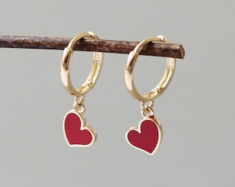 10K Solid Gold Enamel Red Heart Earrings, Dangle Heart Earrings, Gold Enamel Huggie, Solid Gold Drop Earrings, Dangling Heart Hoop.