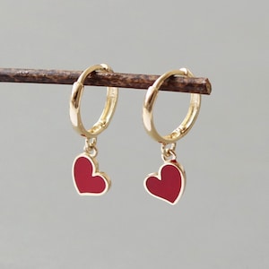 10K Solid Gold Enamel Red Heart earrings,Dangle Heart earrings.Gold Enamel Huggie,solid gold drop earrings.drop heart earrings.