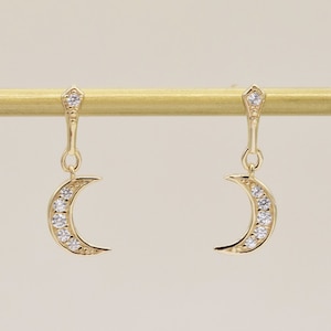 14K 1 Pair Solid Gold Moon Stud Earring. Solid Gold Dangle Earring, Gold Drop Stud Earring, Celestial Moon Jewelry, gift for her.