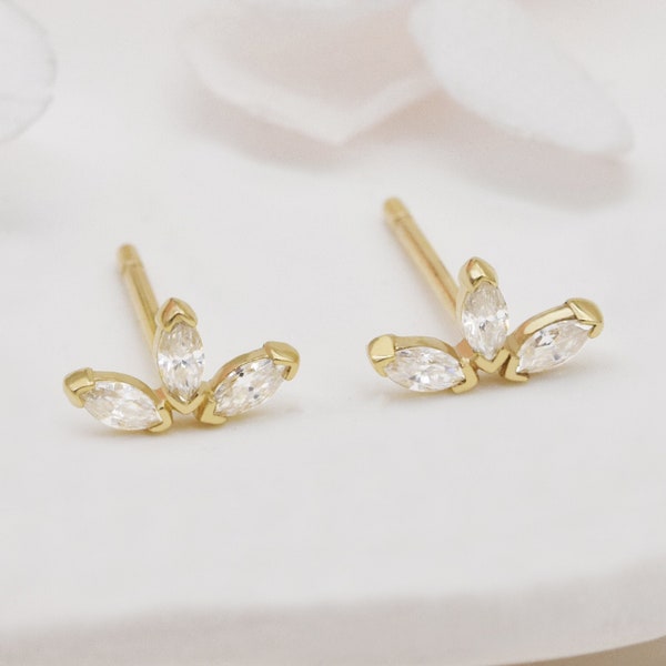 14K Solid Gold Dainty Marquise Flower Earrings,Moissanite Earrings,gift for her.