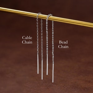 14K Weißgold Lange Kabel Kettenohrring, Zierliche Gold Tropfen Perlenkette Ohrring, Kleine Solid Gold Doppel Stab Threader Ohrring baumeln lassen