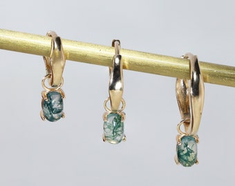 14K Solid Gold Moss Agate Dangle Hoop, Oval Cut Gemstone Huggie Earring, Handmade Green Stone Cartilage Hoop, Gold Clicker Earring