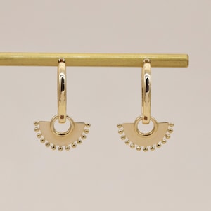 14K Solid Gold Fan Charm Earrings,Half Circle Fan Dangle Earrings,