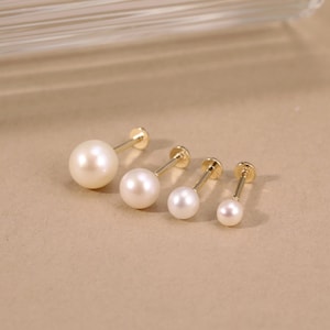 14K Solid Gold Tiny Pearl Stud Earrings, Fresh Water Pearl Earrings, Gold screw back Earrings, Elegant handmade Jewelry, Love Gift for her.