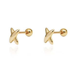 14k Solid Gold X Stud Earring, Gold Minimalist Screw Back Earring, Small X Shape Screw Ball Stud Earring, Solid Gold Stud, Gift for her