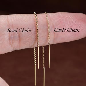 Pendiente de cadena larga tipo cable con doble barra de oro macizo de 14 quilates, con alambre para aretes, hecho a mano en oro.