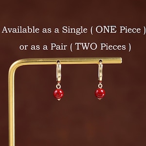 14K Solid Gold Dangle Cinnabar Hoop Earring, Minimalist Cinnabar Huggie Hoop Earring, Gold Daith Helix Cartilage Hoop Piercing