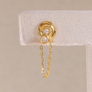 Sterling Silver Moonstone with Moissante Stud, Gold Plated Dangle Cable Chain Gemstone Stud, 14K Dainty Earlobe Butterfly Back Earring