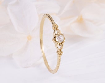 10k & 14k Solid Gold Rococo Style Moonstone Ring, Solid Gold Gemstone Ring, Gold Dainty Elegant Ring, Moonstone Gold Ring, Gift for Her