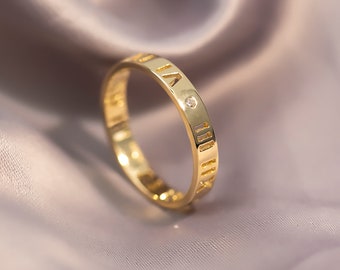 Solid Gold Custom Roman Numerals Ring, Gold Diamond Ring, Solid Gold Custom Date Ring, Custom Name Ring, Graduation Ring, Gift for Mother