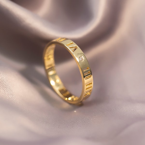 Solid Gold Custom Roman Numerals Ring, Gold Diamond Ring, Solid Gold Custom Date Ring, Custom Name Ring, Graduation Ring, Gift for Mother