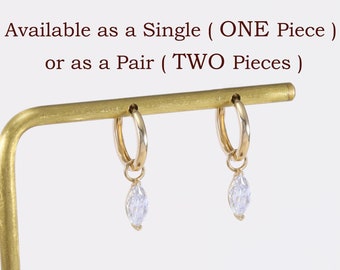 14K Solid Gold Dangle Marquise Moissanite Charm Hoop Earring, Gold Dangle Charm, Helix Piercing Earring, Conch Daith Piercing, Gift for her.