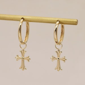 10K Solid Gold Kreuz Creolen, Gold Kreuz Charm Ohrringe, Gold Creolen, Ohrläppchen Piercing Ohrringe, Zierlicher handgefertigter Schmuck.